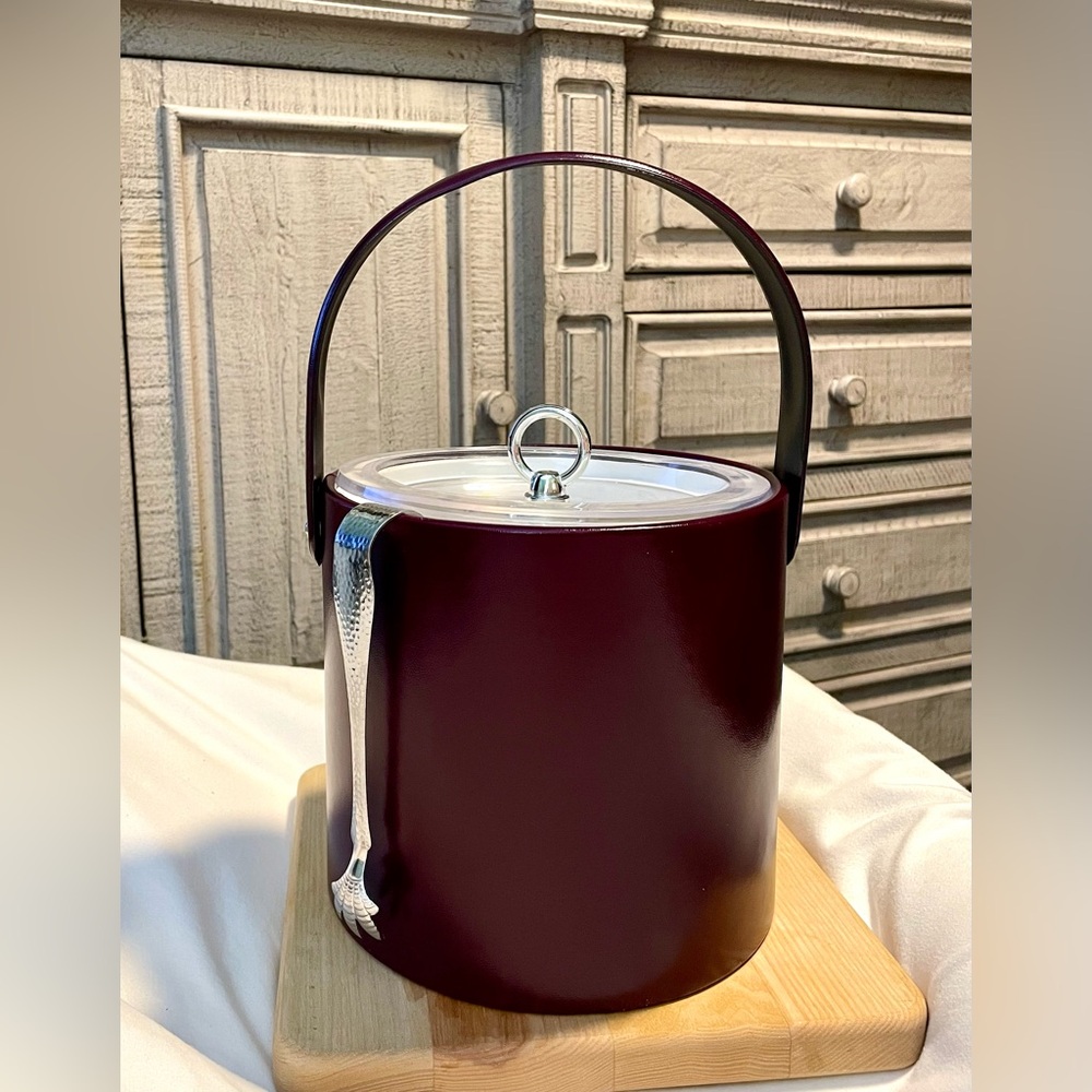*Vintage**EUC* MCM GEORGES BRIARD Ice Bucket W/ Lid & Tongs - Leather(?) -Maroon